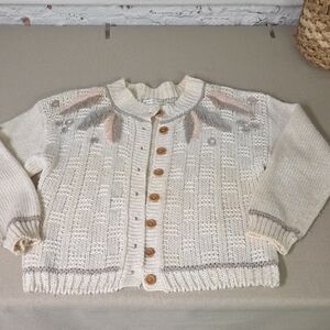 Cream Knit Cardigan Sweater 1980s Gandmacore Size Large Handknit